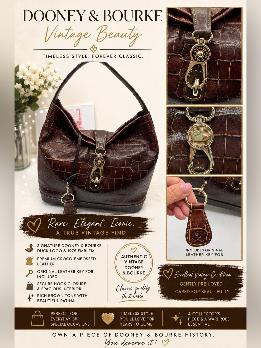 Dooney & Bourke Brown Croco-Embossed Leather Hobo Bag
